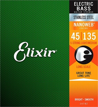 Elixir 14782 NANOWEB Комплект струн для 5-струнной бас-гитары, нерж.сталь, Light/Medium, 45-135 14782