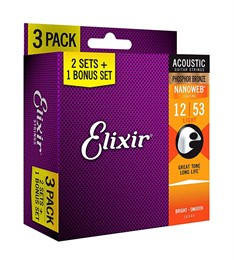 Elixir 16545 NANOWEB Струны для акустической гитары, 3 комплекта, Light, фосфорная бронза, 12-53 16545