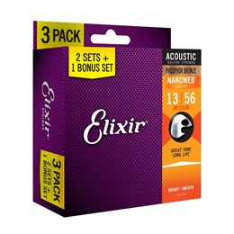 Elixir 16546 NANOWEB Струны для акустической гитары, 3 комплекта, фосфорная бронза, 13-56 16546